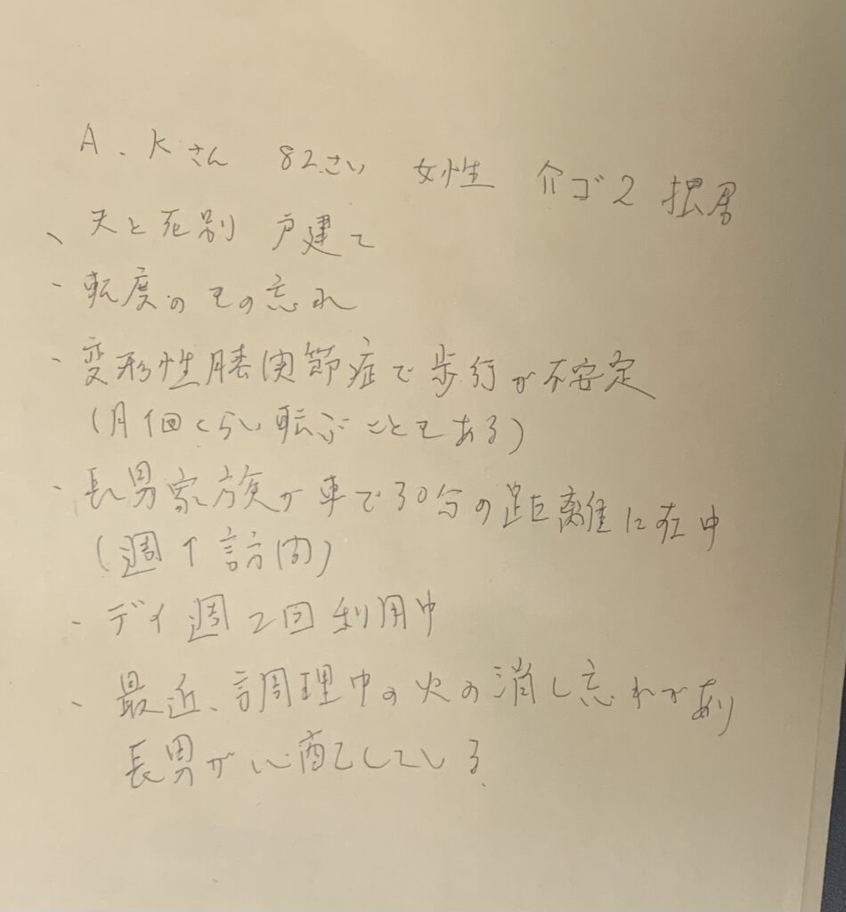 ケアマネが面談中に取った手書きメモの例。Aさん82歳女性、要介護2、独居、軽度のもの忘れ、変形性膝関節症など利用者の情報を箇条書きで記録した走り書き
