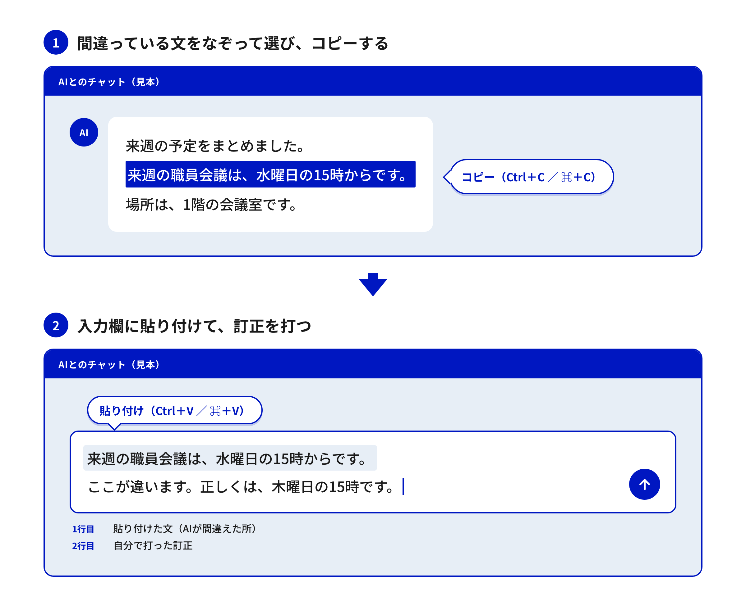 AIの回答の間違っている文をコピーして入力欄に貼り付け、「ここが違います」と訂正を打つ操作の見本