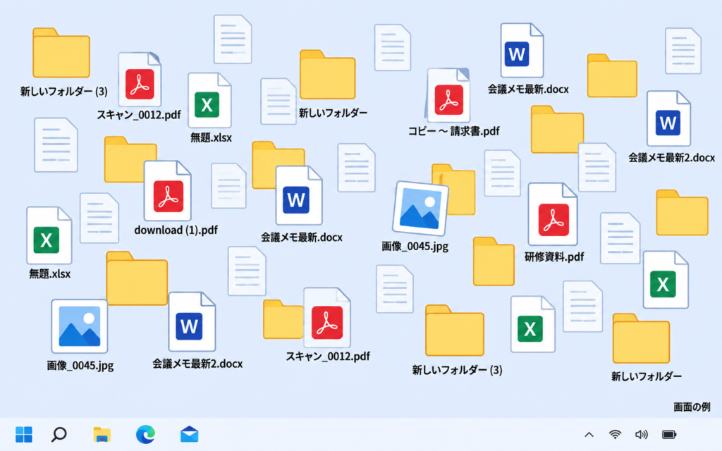 ファイルやフォルダがばらばらに並んだパソコンのデスクトップ画面の例