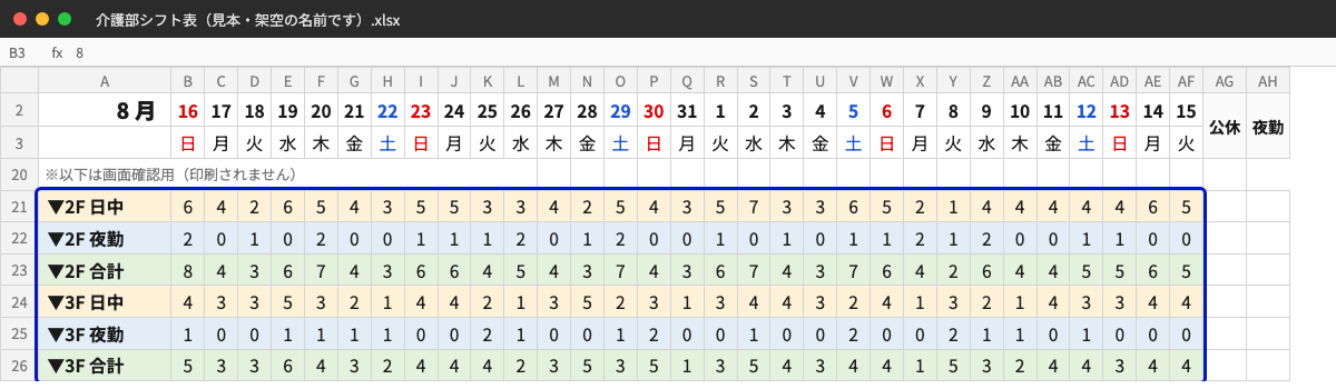 表の下に出る2階・3階の勤務人数の欄
