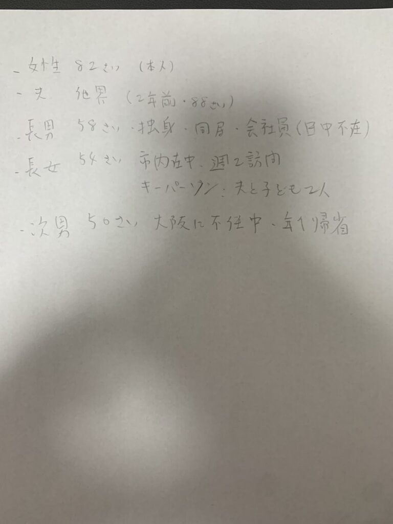 シャープペンシルで薄く書いた架空の家族の聞き取りメモ