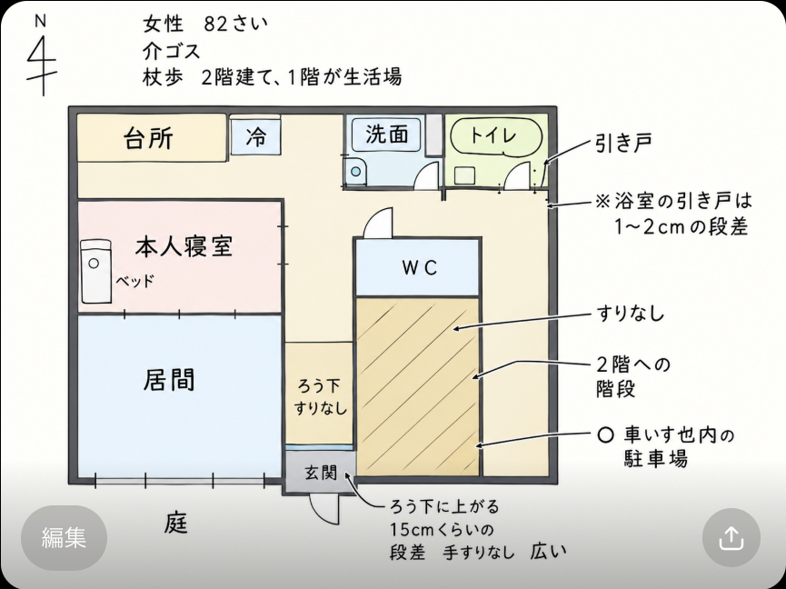 手描きの見取り図をChatGPTが清書した図。部屋が色分けされ見やすくなっている